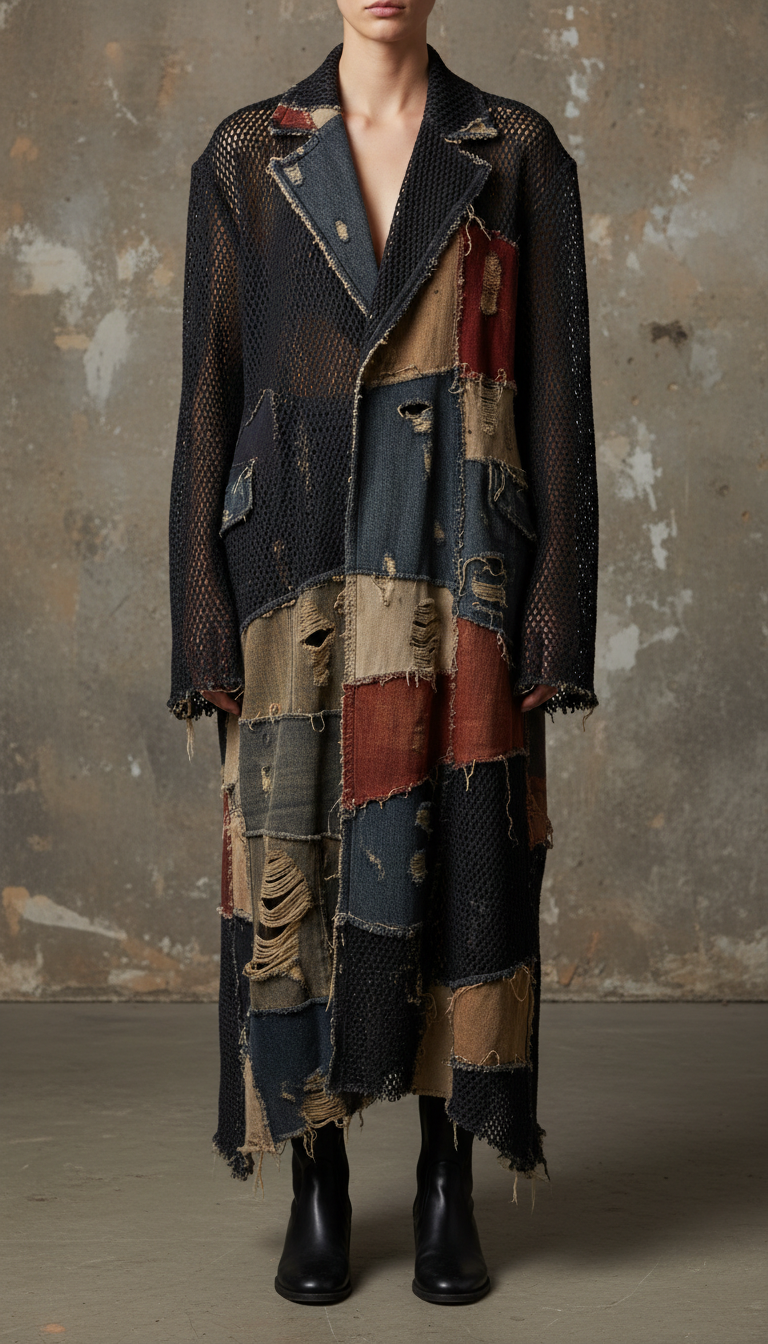 Distressed Mesh-And-Denim Overcoat